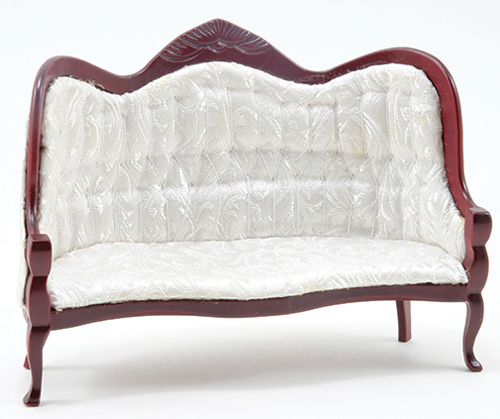 Dollhouse Miniature Victorian Sofa, Mahogany with Blue and Gold Fabric Dollhouse Miniature Victorian Sofa, Mahogany with Blue and Gold Fabric